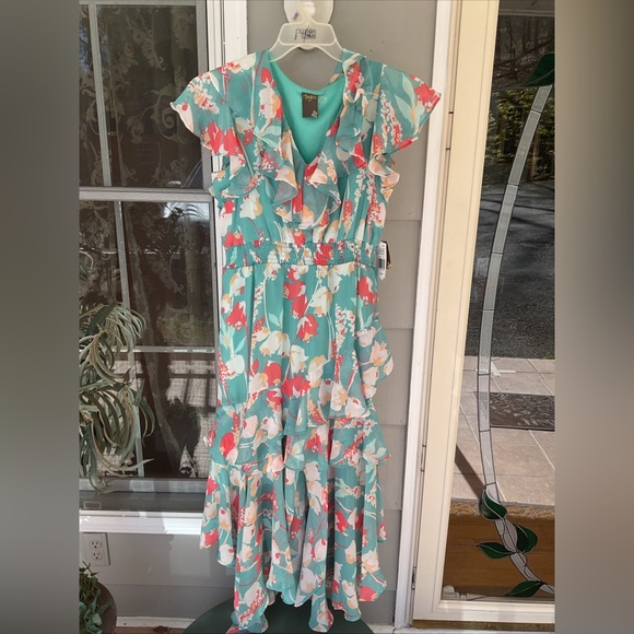 NWT Women's Short Sleeve Ruffle Floral Chiffon Fashion Dress Spring Tiffany - Picture 10 of 14